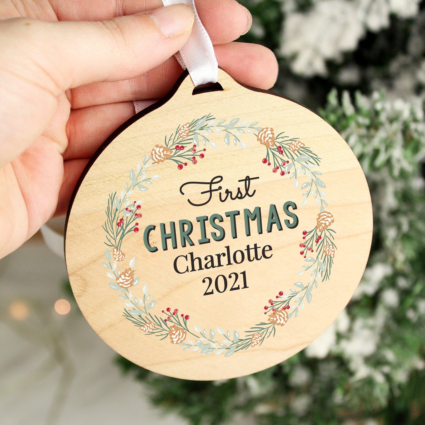 Personalised Wreath Round Wooden Christmas Decoration