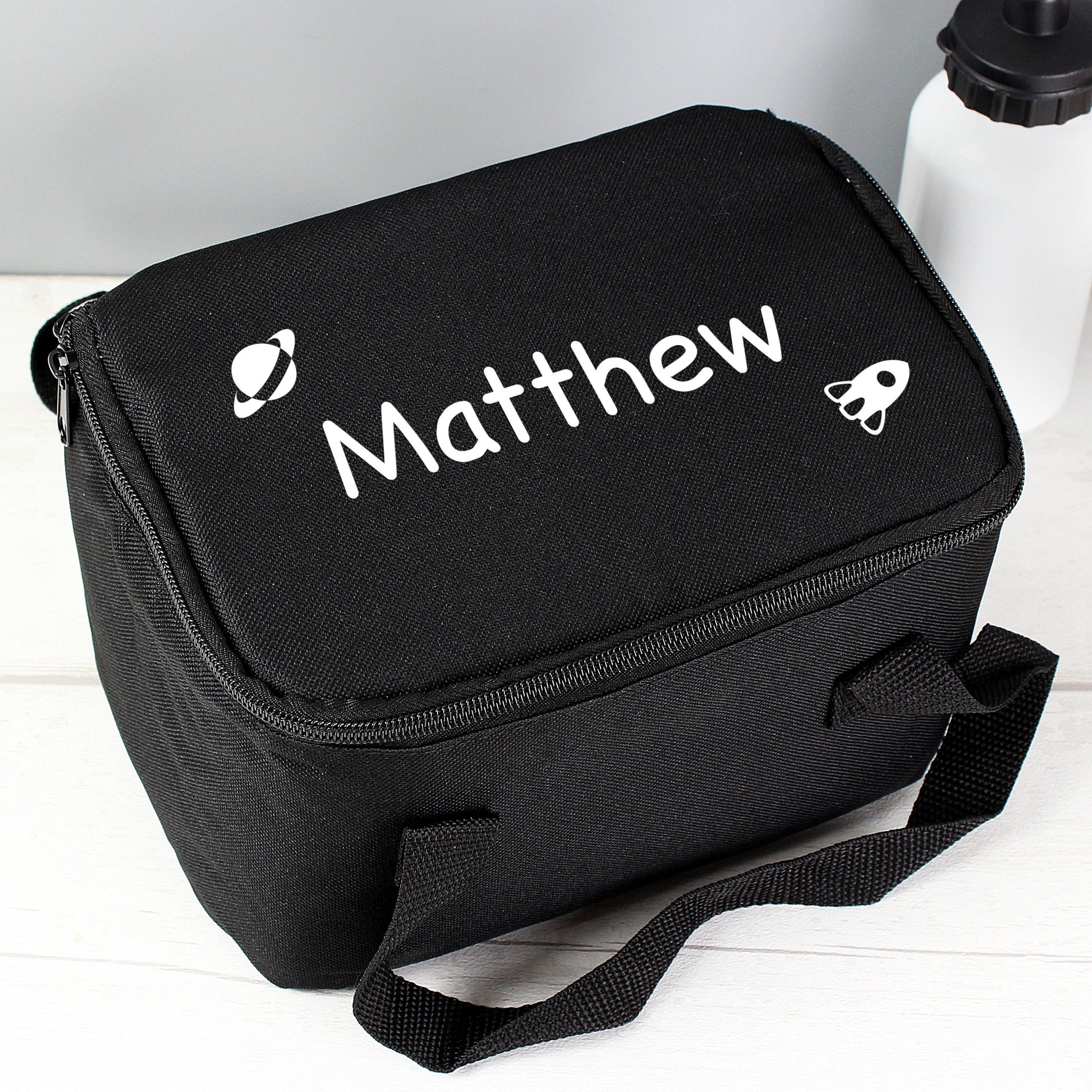 Personalised White Rocket Black Lunch Bag