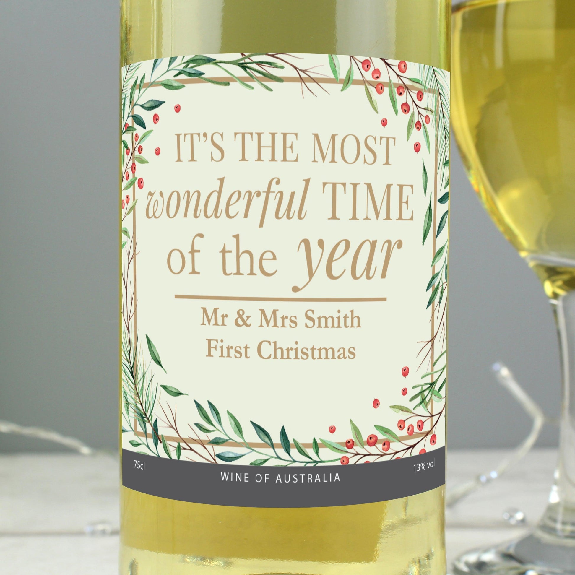 Personalised 'Wonderful Time of The Year' Christmas White Wine Bottle