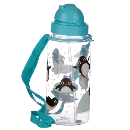 Children’s Penguin Water Bottle with Straw & String 450ml - Myhappymoments.co.uk