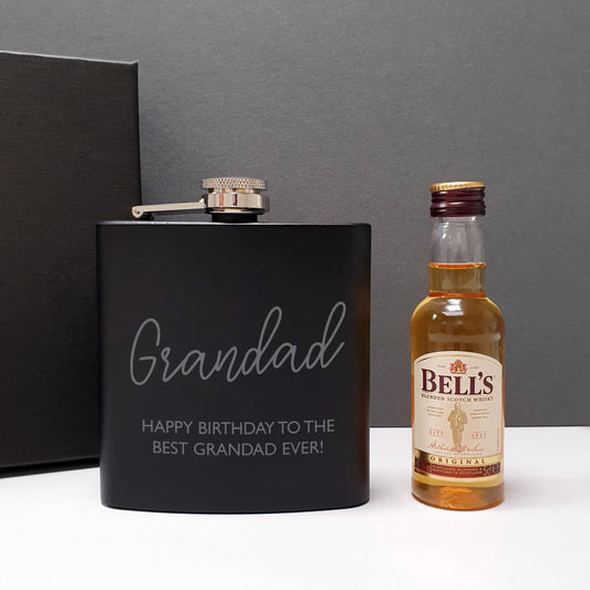 Personalised Black Hip Flask and Miniature Bells Whisky Bottle