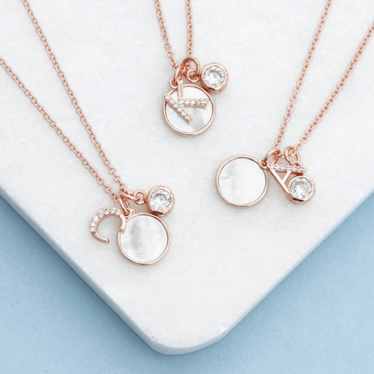 Rose Gold Initial Necklace with Mother of Pearl and Crystal Charms