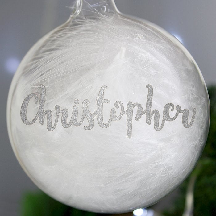 Personalised Silver Glitter Name Only Feather Glass Bauble