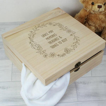 Personalised Floral Wreath Large Wooden Keepsake Box - Myhappymoments.co.uk