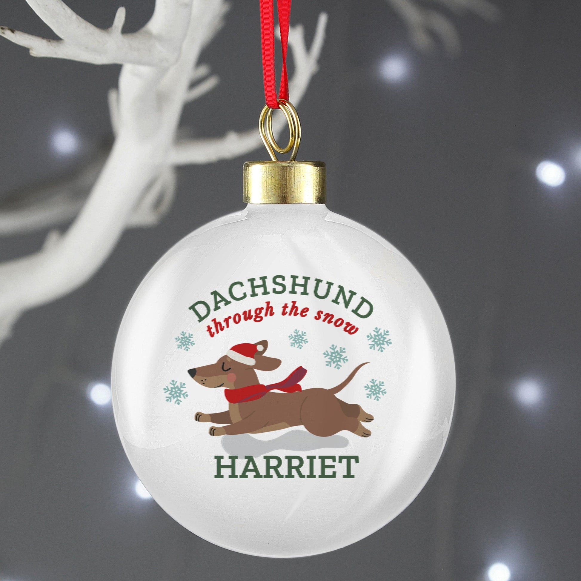 Personalised Dachshund Through The Snow Christmas Bauble