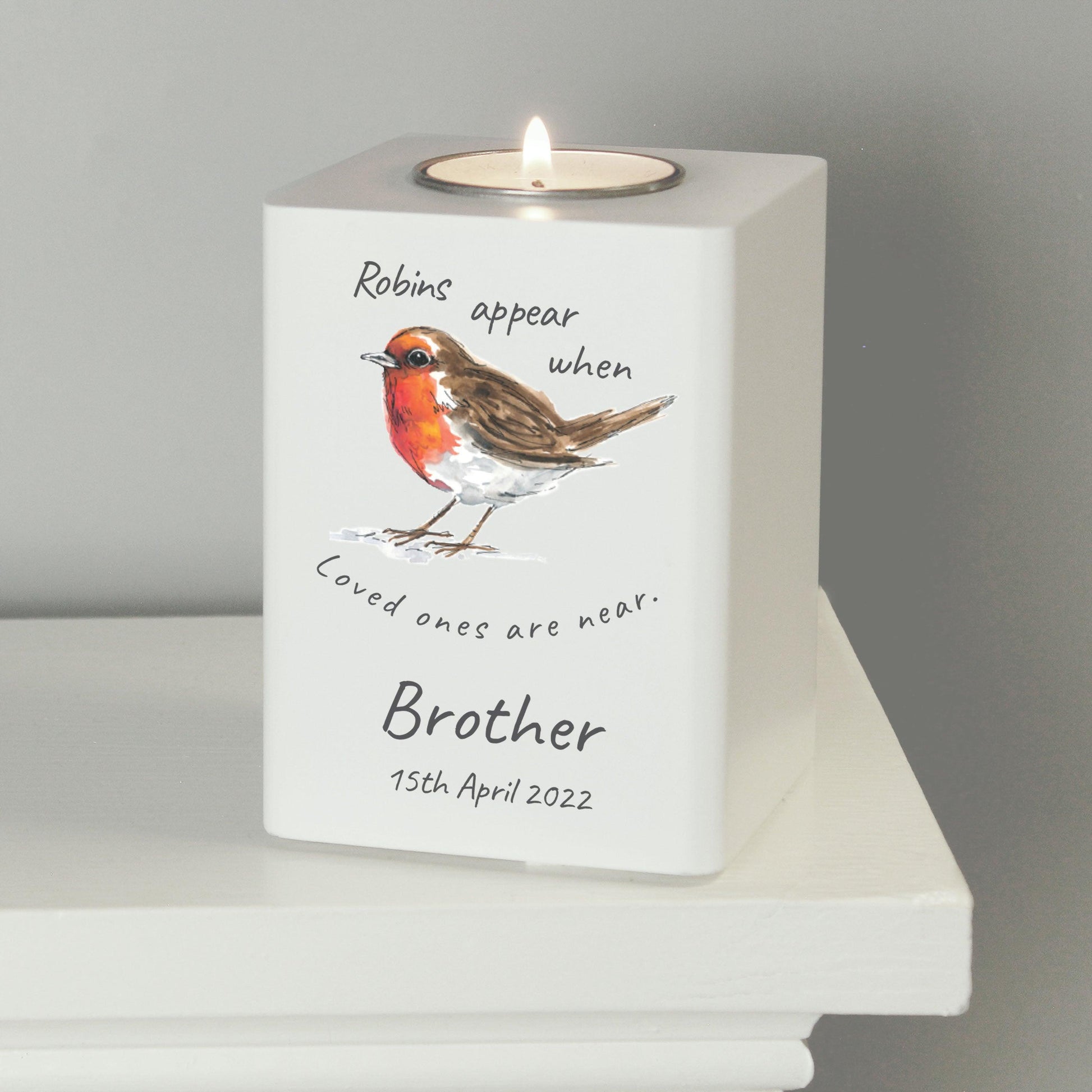 Personalised Robin In Memory Wooden Tealight Holder