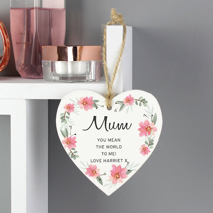 Personalised Floral Sentimental Wooden Hanging Heart Decoration