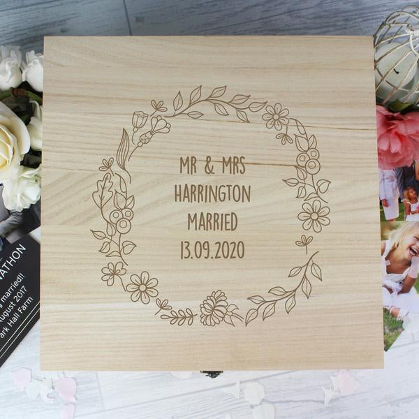 Personalised Floral Wreath Large Wooden Keepsake Box - Myhappymoments.co.uk