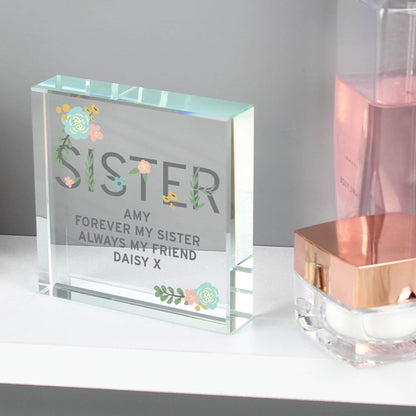 Personalised Floral Sister Large Crystal Token From Pukkagifts.uk