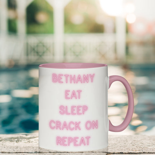 Personalised Eat Sleep Crack On Repeat Pink Mug from Pukkagifts.uk