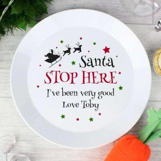 Personalised Santa Stop Here Christmas Eve Plastic Plate - Myhappymoments.co.uk