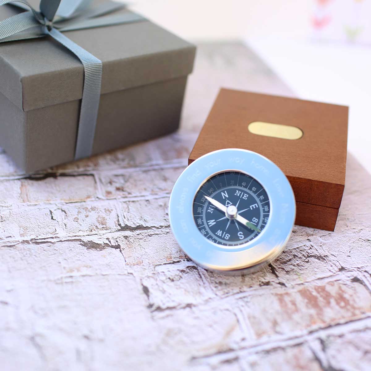 Personalised Engraved Brass Silver Chrome Compass With Timber Box & Gift Box