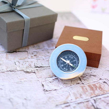 Personalised Engraved Brass Silver Chrome Compass With Timber Box & Gift Box