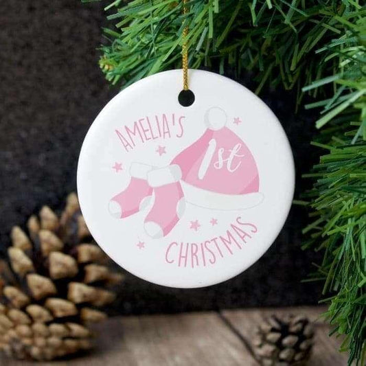 Personalised 1st Christmas Round Ceramic Decoration - Pink or Blue Colour - Myhappymoments.co.uk