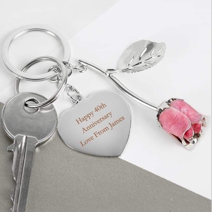 Personalised Silver Plated Pink Rose Keyring - Myhappymoments.co.uk