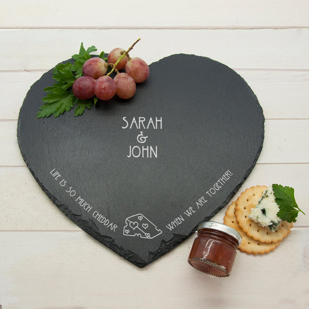 Personalised Romantic Life is So Much Cheddar Heart Slate Cheese Board