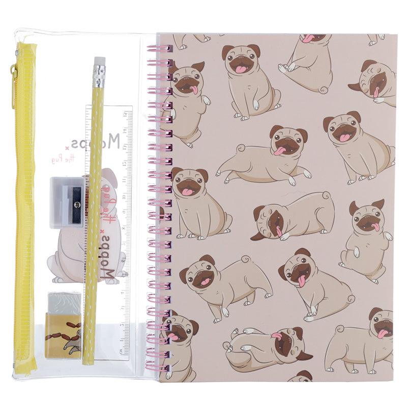 Mopps Pug Ring Bound Notepad & Pencil Case 6 Piece Stationery Set