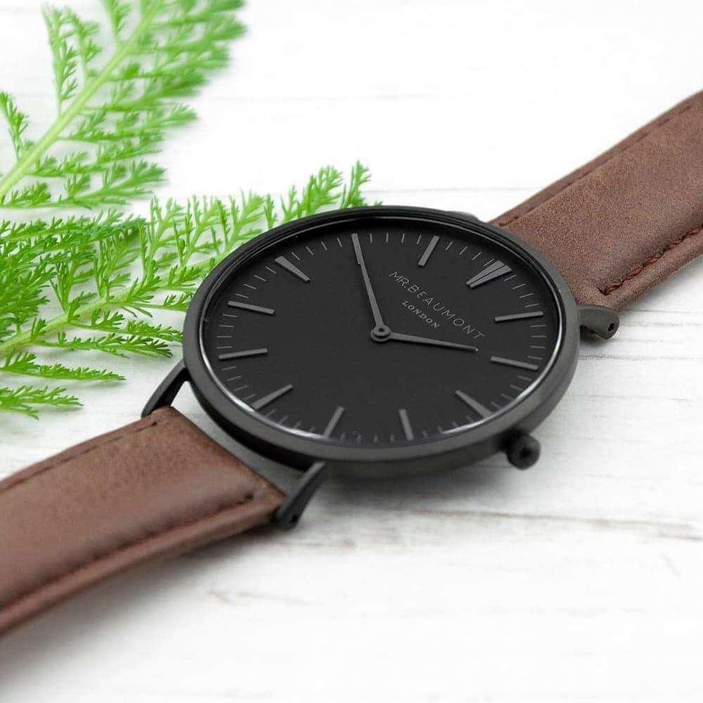 Personalised Modern-Vintage Men’s Mr Beaumont Watch With Black Face in Brown - Myhappymoments.co.uk