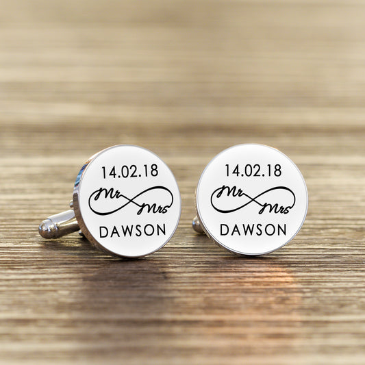 Personalised Mr & Mrs Infinity Wedding Round Cufflinks - White