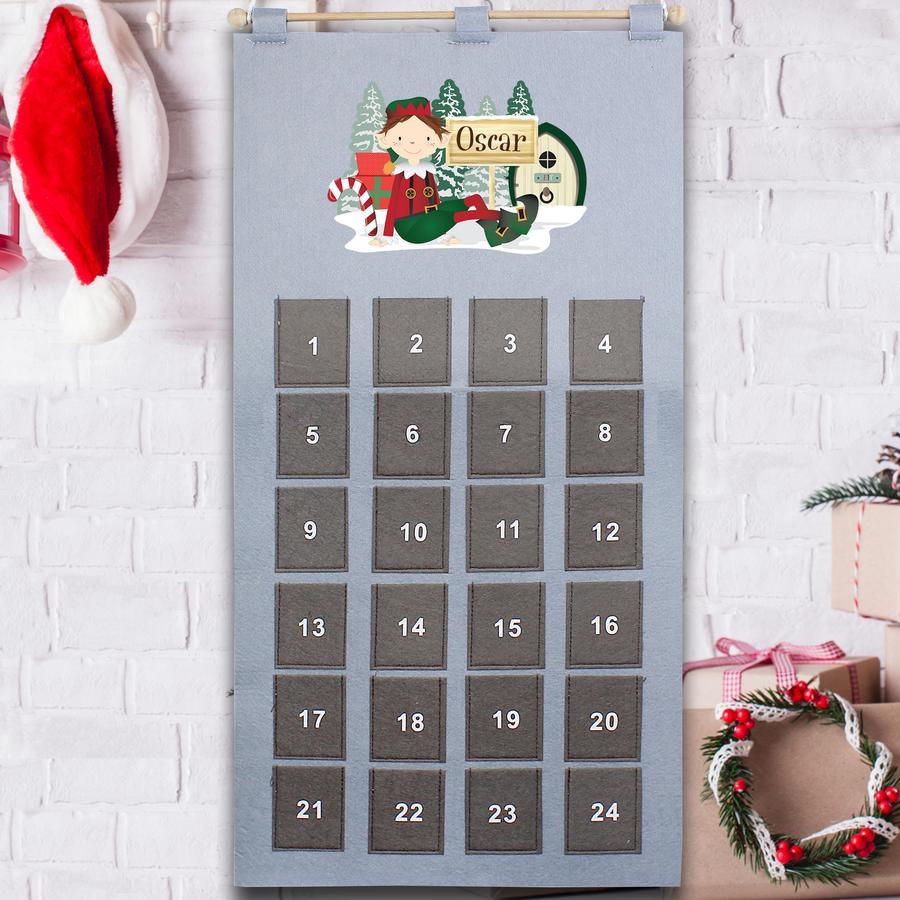 Personalised Pocket Elf Felt Advent Calendar In Silver Grey