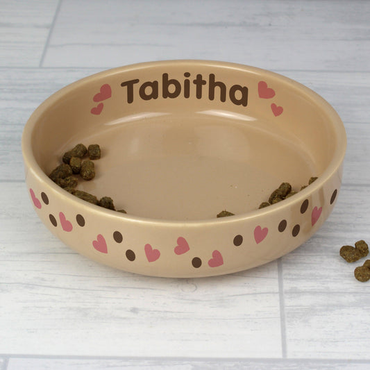 Personalised Dotty Heart Small Brown Pet Bowl