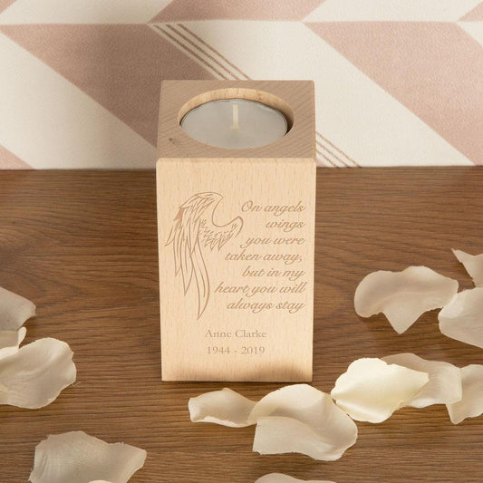 Personalised Angel Wings Memorial Wooden Tealight Holder