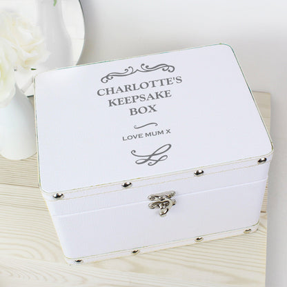 Personalised Antique Scroll White Leatherette Keepsake Box - Myhappymoments.co.uk