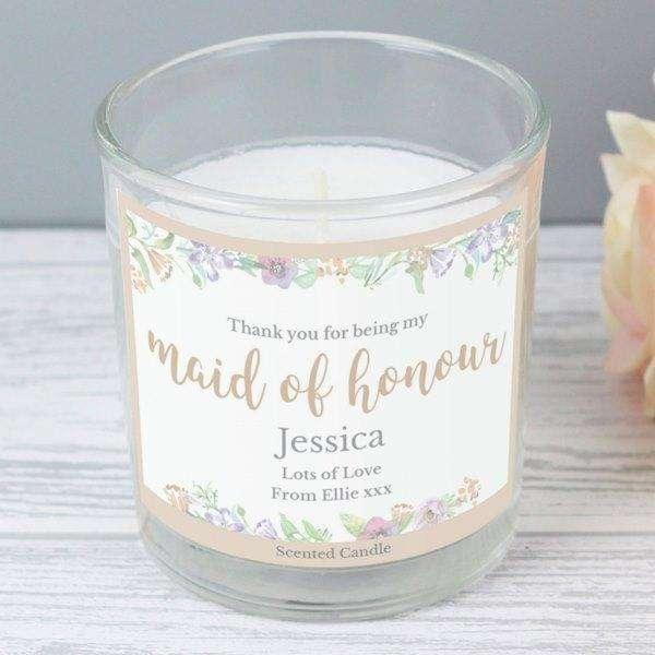 Personalised Floral Watercolour Maid of Honour Scented Jar Candle - Myhappymoments.co.uk