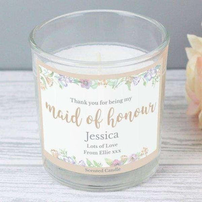 Personalised Floral Watercolour Maid of Honour Scented Jar Candle - Myhappymoments.co.uk