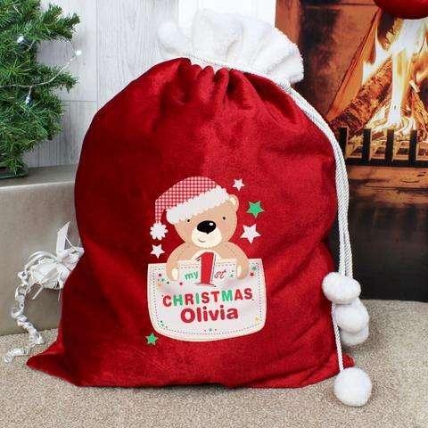 Personalised Pocket Teddy My 1st Christmas Luxury Pom Pom Sack - Myhappymoments.co.uk