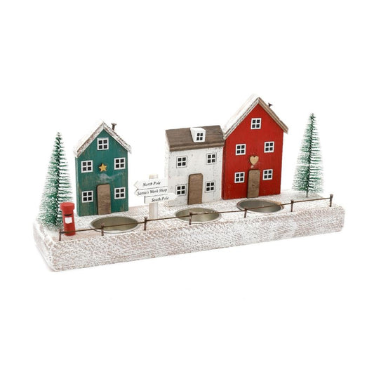 30cm Wooden Christmas House Triple Tealight Holder